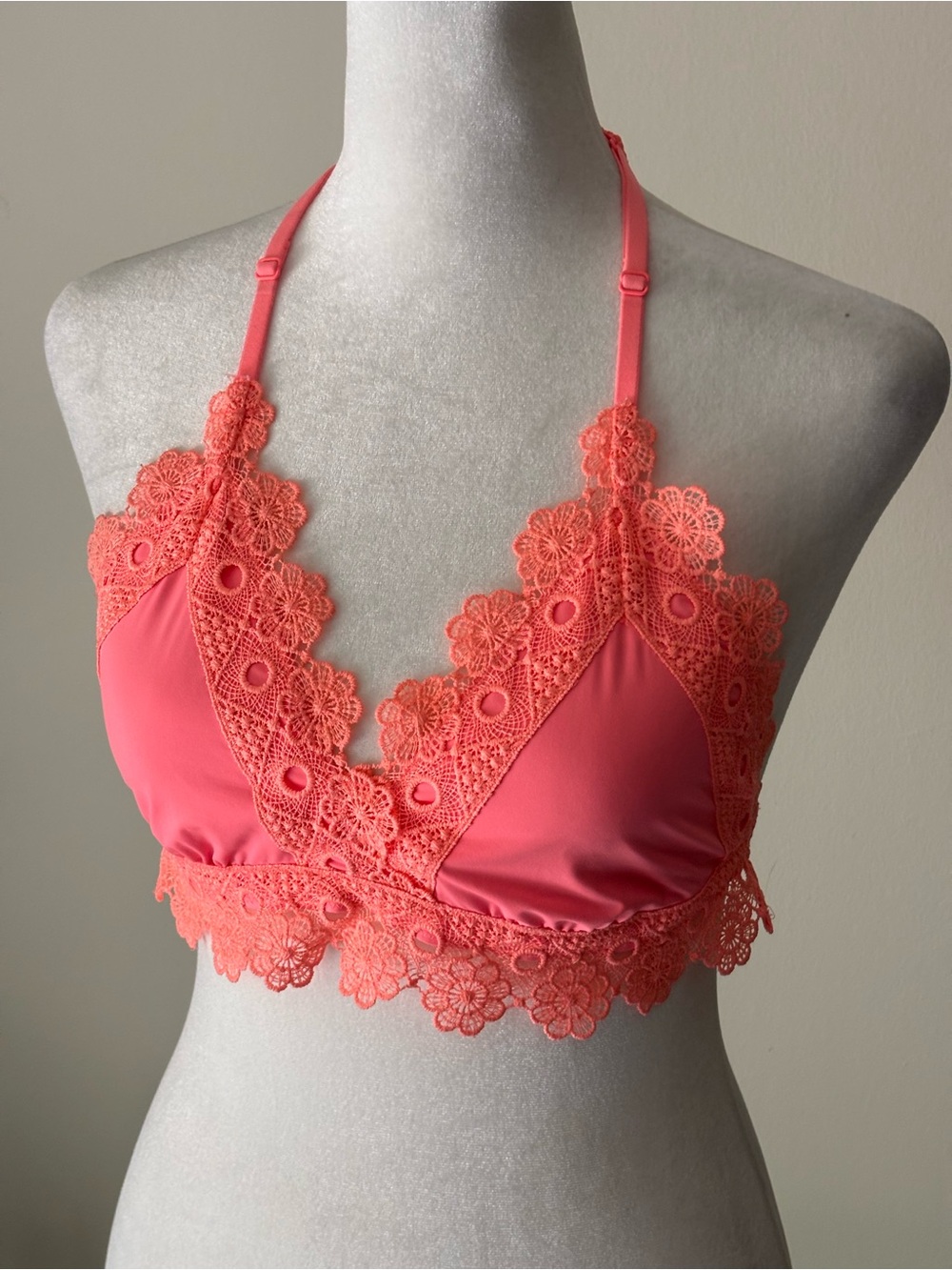 aerie Coral Lace Bralette with Floral Trim